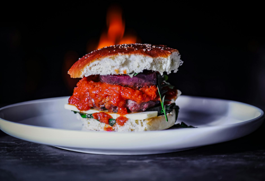 Close-up of a holiday burger with special ingredients and sauces — Fast Food Holiday Burgers Las Vegas