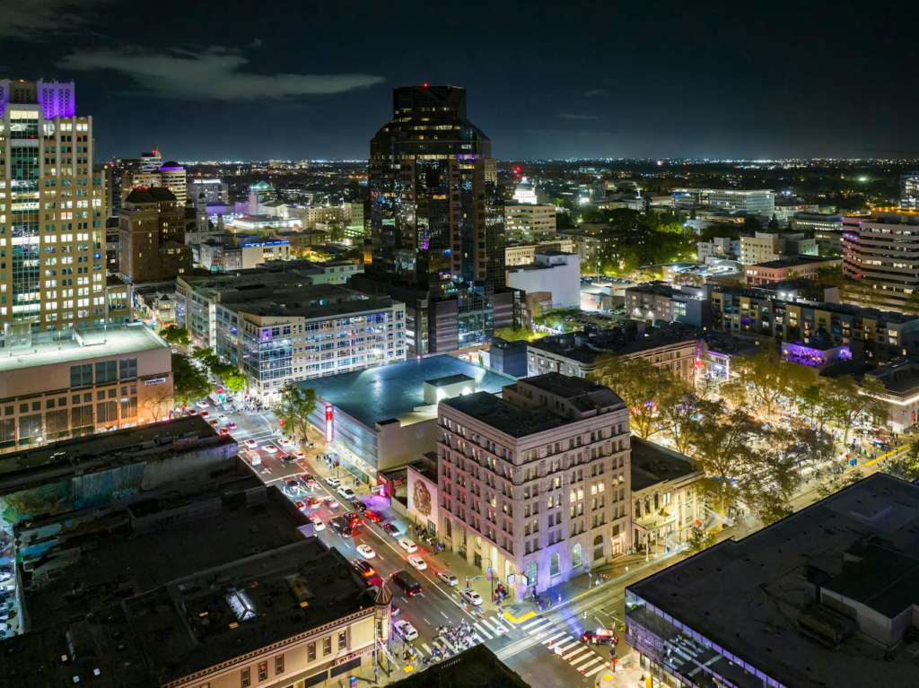 An aerial view of the Capital Grille, highlighting its elegant dining setting against a city skyline. — burgers with a v…