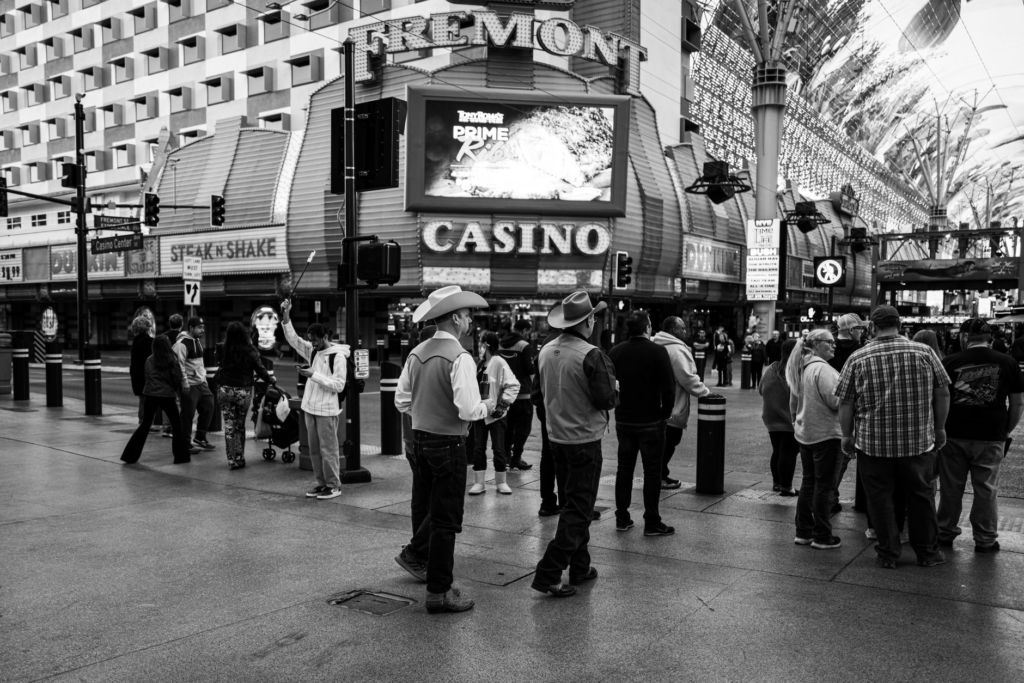 A bustling scene at Fremont Street showcasing diners enjoying burgers — burgers near fremont street