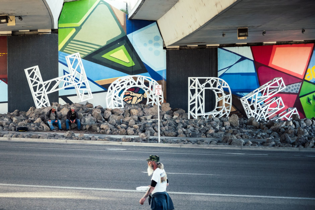 A vibrant mural outside a trendy burger joint, capturing the essence of Downtown Las Vegas. — burger joints Downtown Las…