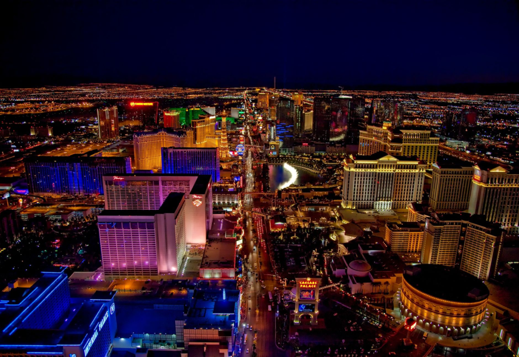 An aerial view of the Las Vegas Strip at night showcasing nightlife and late-night burgers Las Vegas
