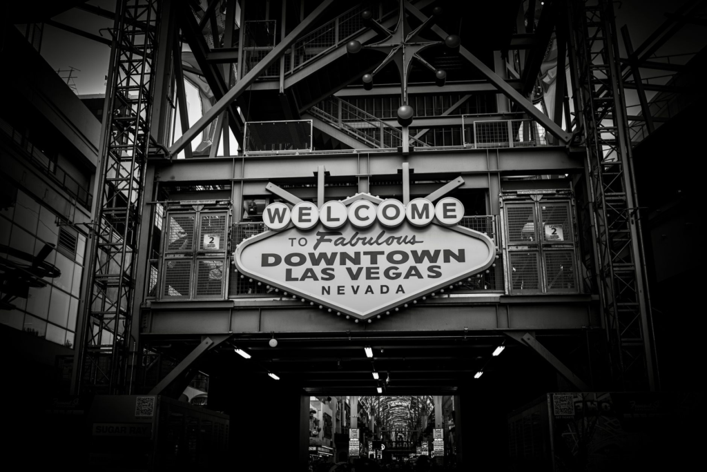 An iconic Las Vegas landmark with a burger joint in the foreground, contrasting tourist traps. — tourist trap restaurant…