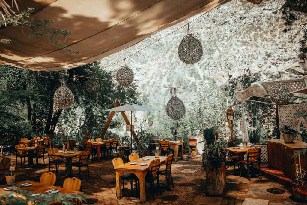 An outdoor patio dining area at a vegan restaurant in Las Vegas. — vegan burgers Las Vegas