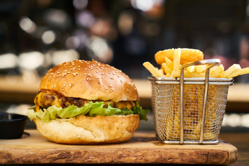 A juicy cheeseburger with crispy fries at a popular Las Vegas diner — late night burgers Las Vegas